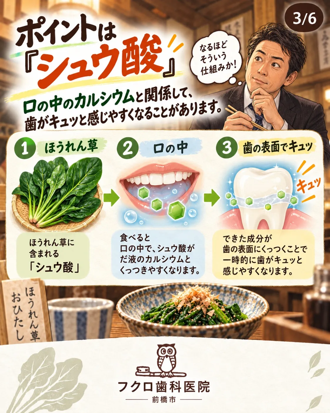 ほうれん草を食べたあと、舌で歯を触ると
